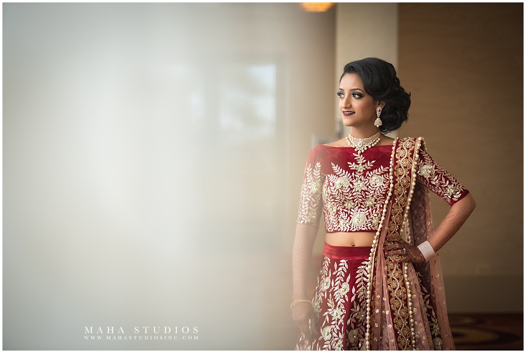 Telegu Bride Poses at Chicago Indian Wedding in Marriott O'Hare.