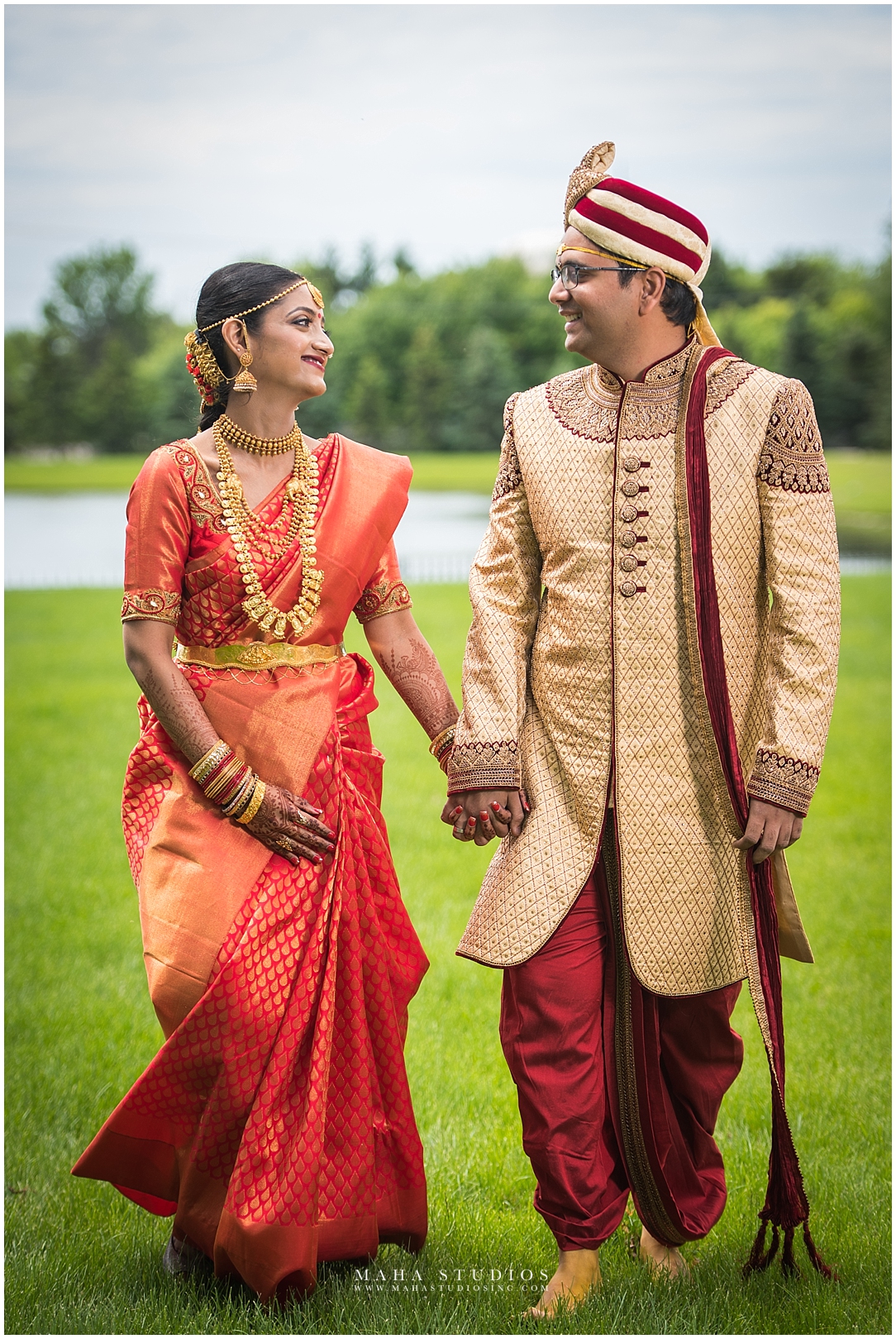 South Indian Bride walking in saree with groom