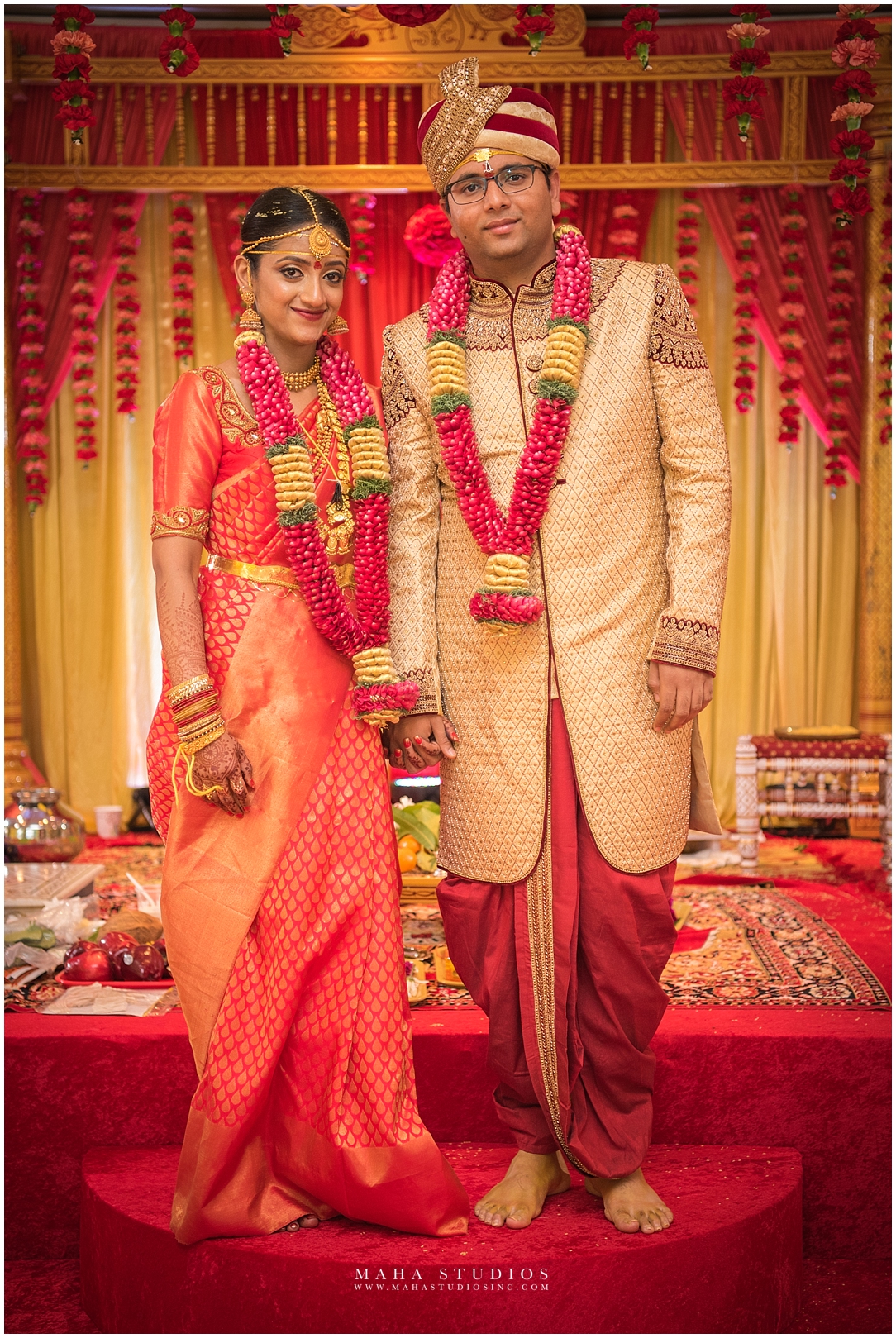 Traditional South Indian Bride and Groom standing in Mandap at Aurora Temple in Chicago