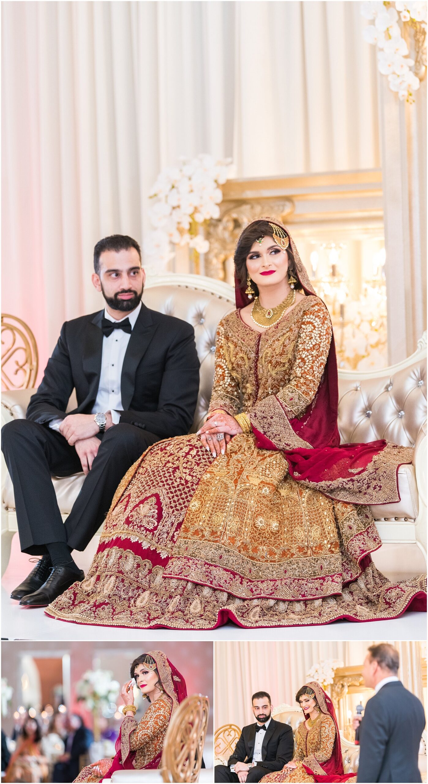 Candid photo of Louisville Pakistani couple listening to wedding speeches at their reception held at Louisville Marriott East.