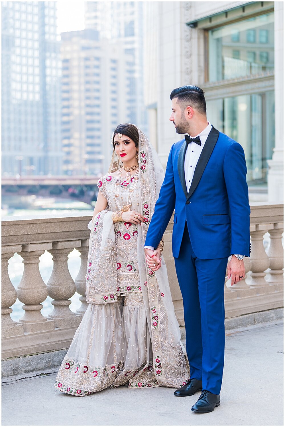 Chicago Indian Pakistani Wedding Portraits at Michigan Avenue Bridge | Wrigley Building | Downtown Chicago Wedding | Maha Studios