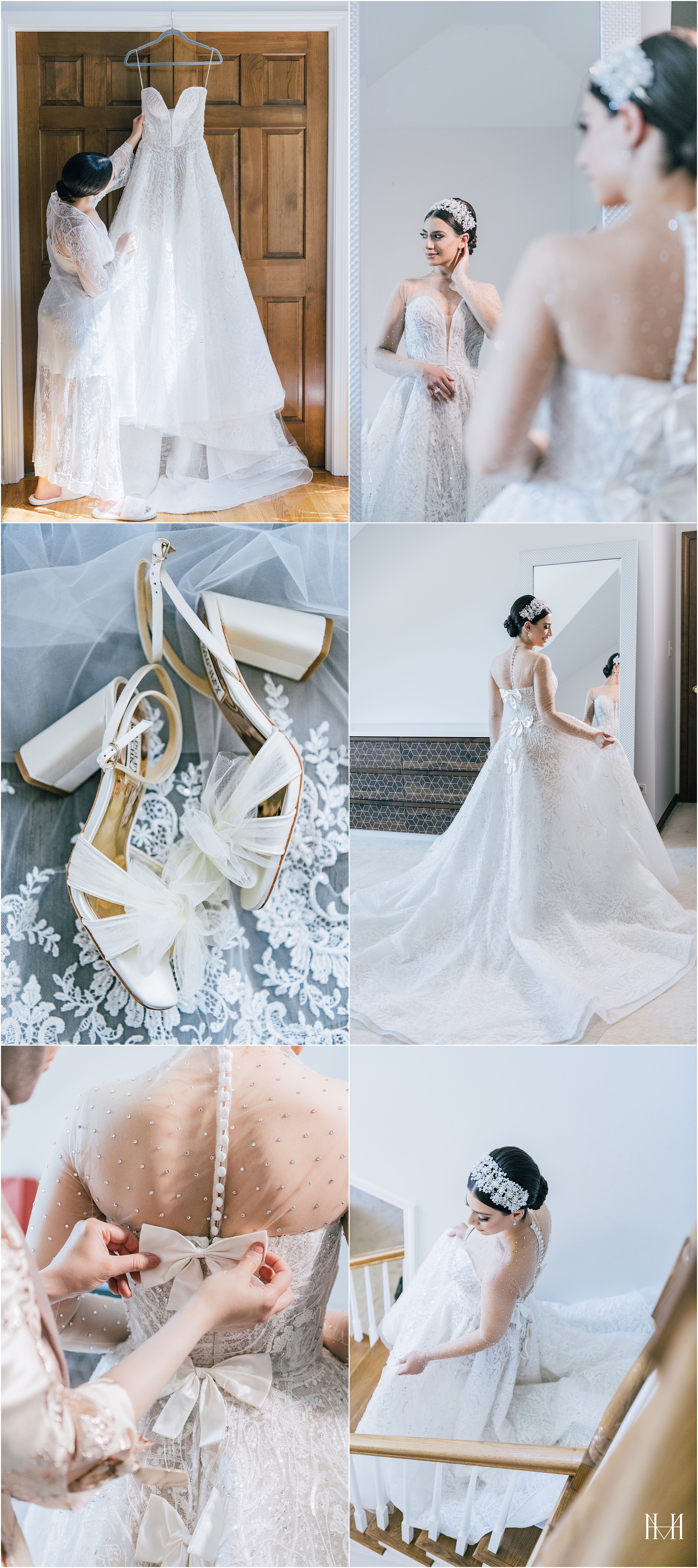 Bride wearing Reem Acra wedding dress and getting ready in her home. Chicago wedding photographer Maha Studios