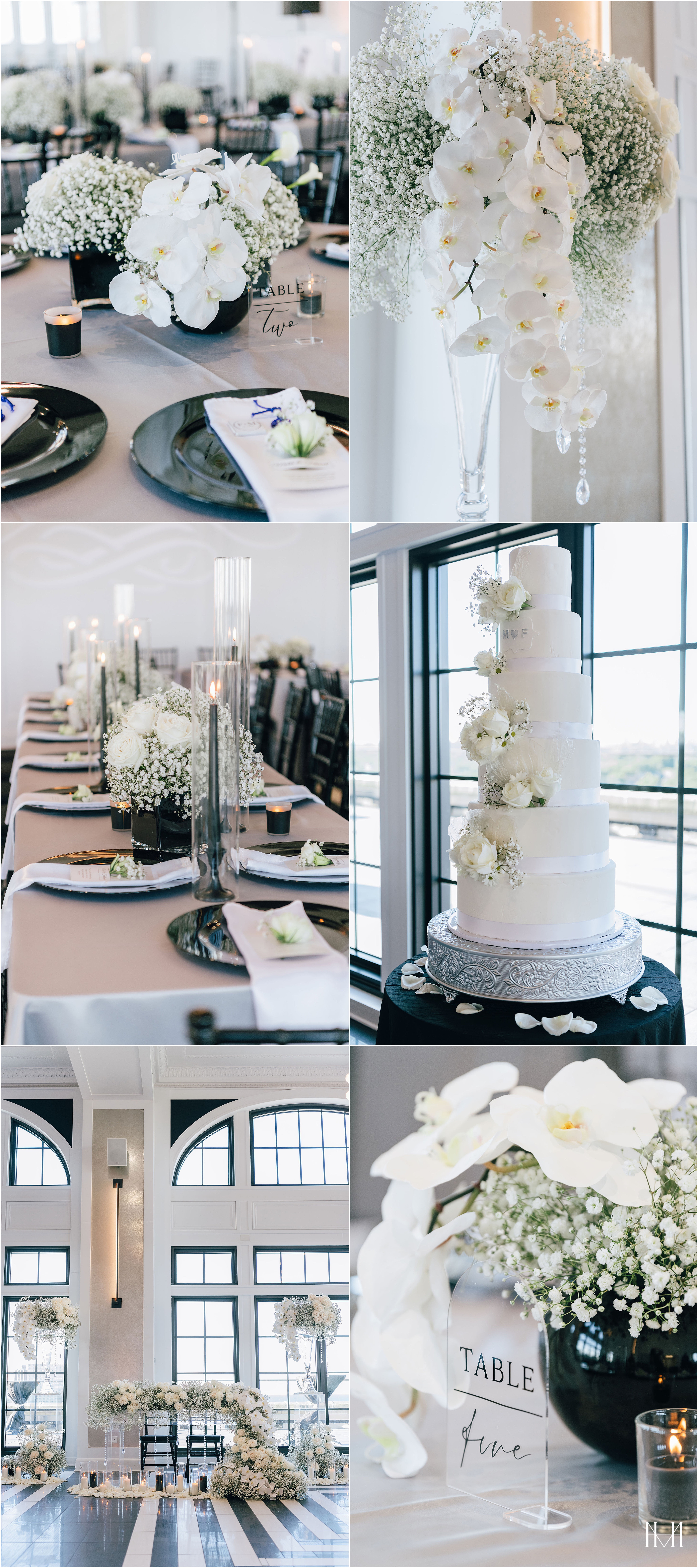 Classic wedding details with black and white table setting at The Penthouse Hyde Park. Chicago wedding photographer Maha Studios