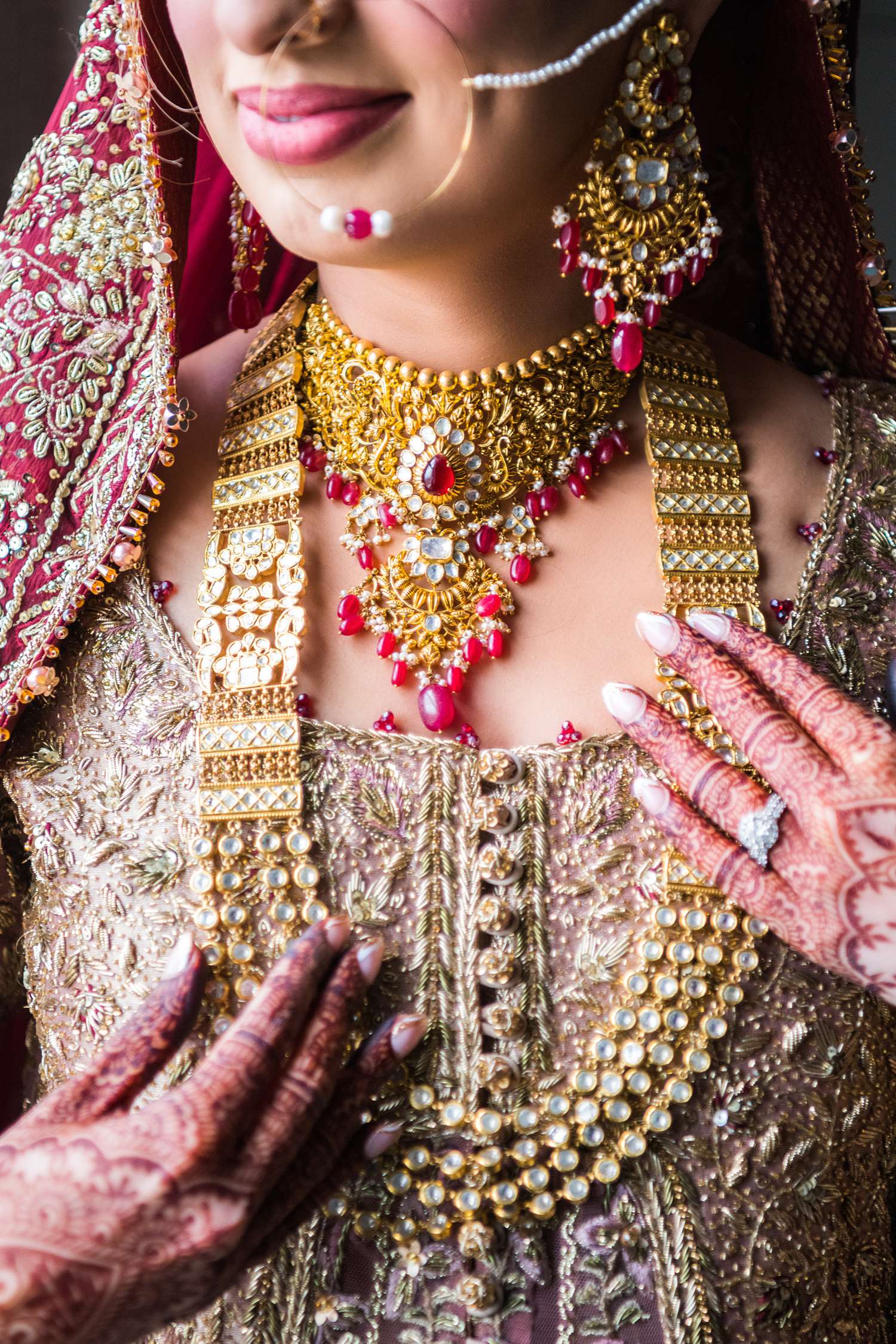 Pakistani bridal jewelry detail photo photographed by Chicago wedding photographer Maha Studios at Hilton Chicago