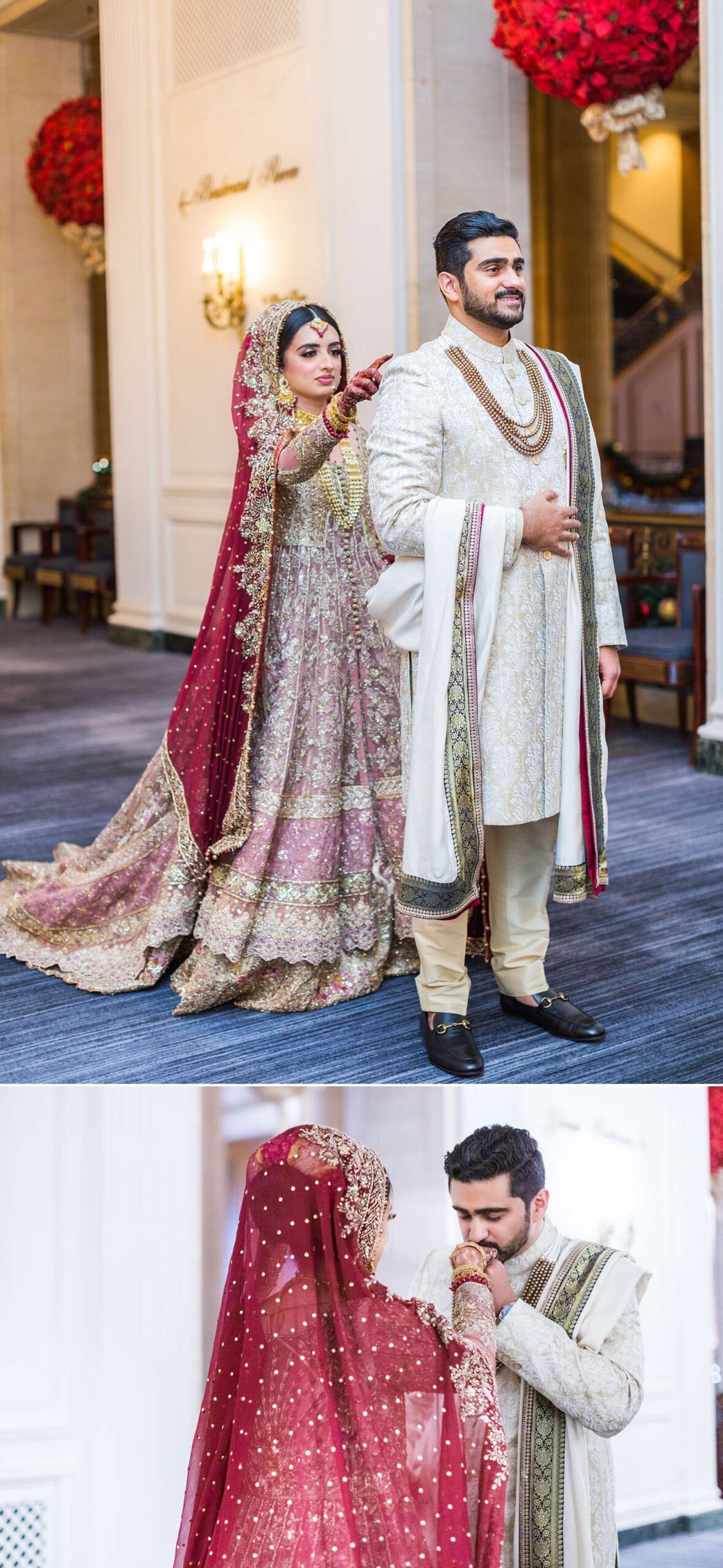 Pakistani wedding couple first look at Hilton Chicago photographed by Maha Studios photographer team