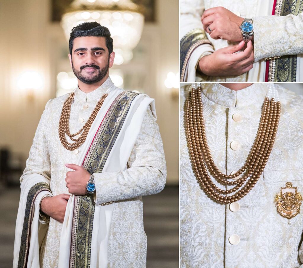 Groom wearing Nomi Ansari sherwani suit for his portraits at Hilton Chicago. Photographed by Maha Studios