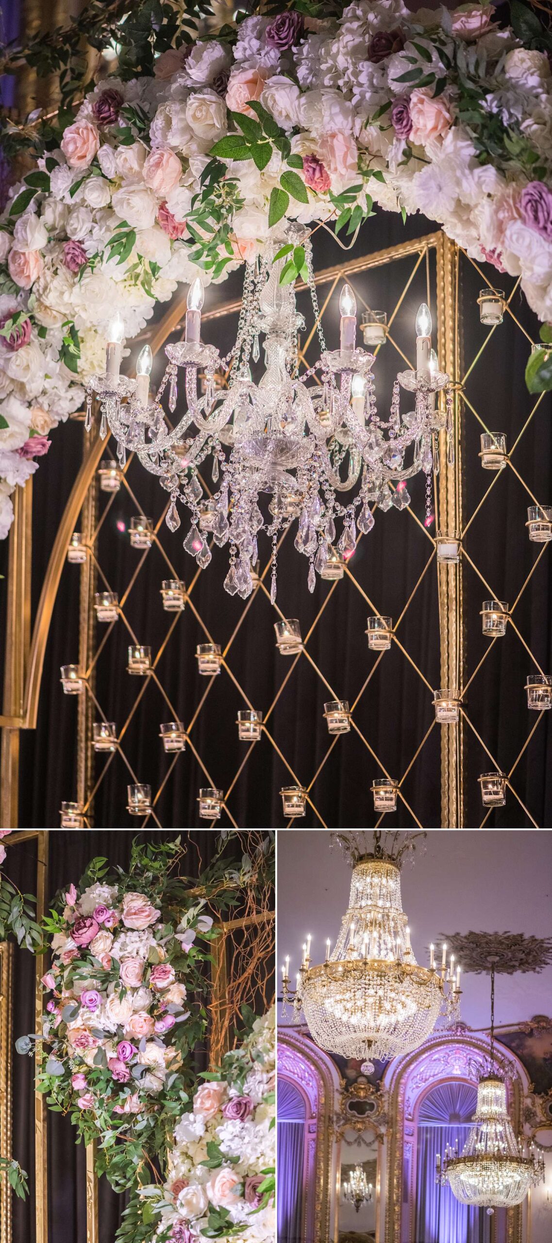 Chandelier and floral detail of Chicago wedding decor photos at Hilton
