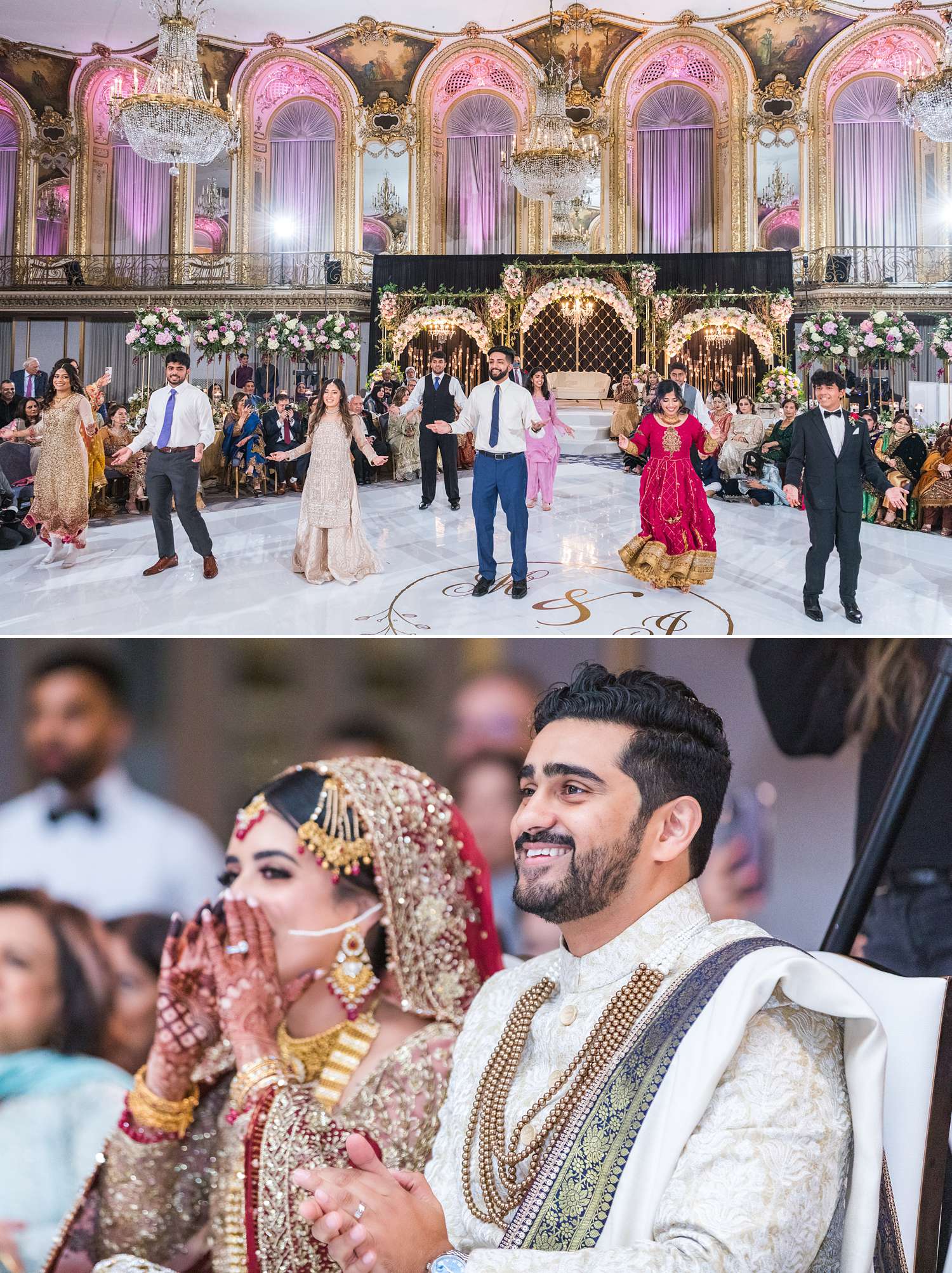 Pakistani bride and groom clapping and watching wedding dance performances at chicago wedding venue