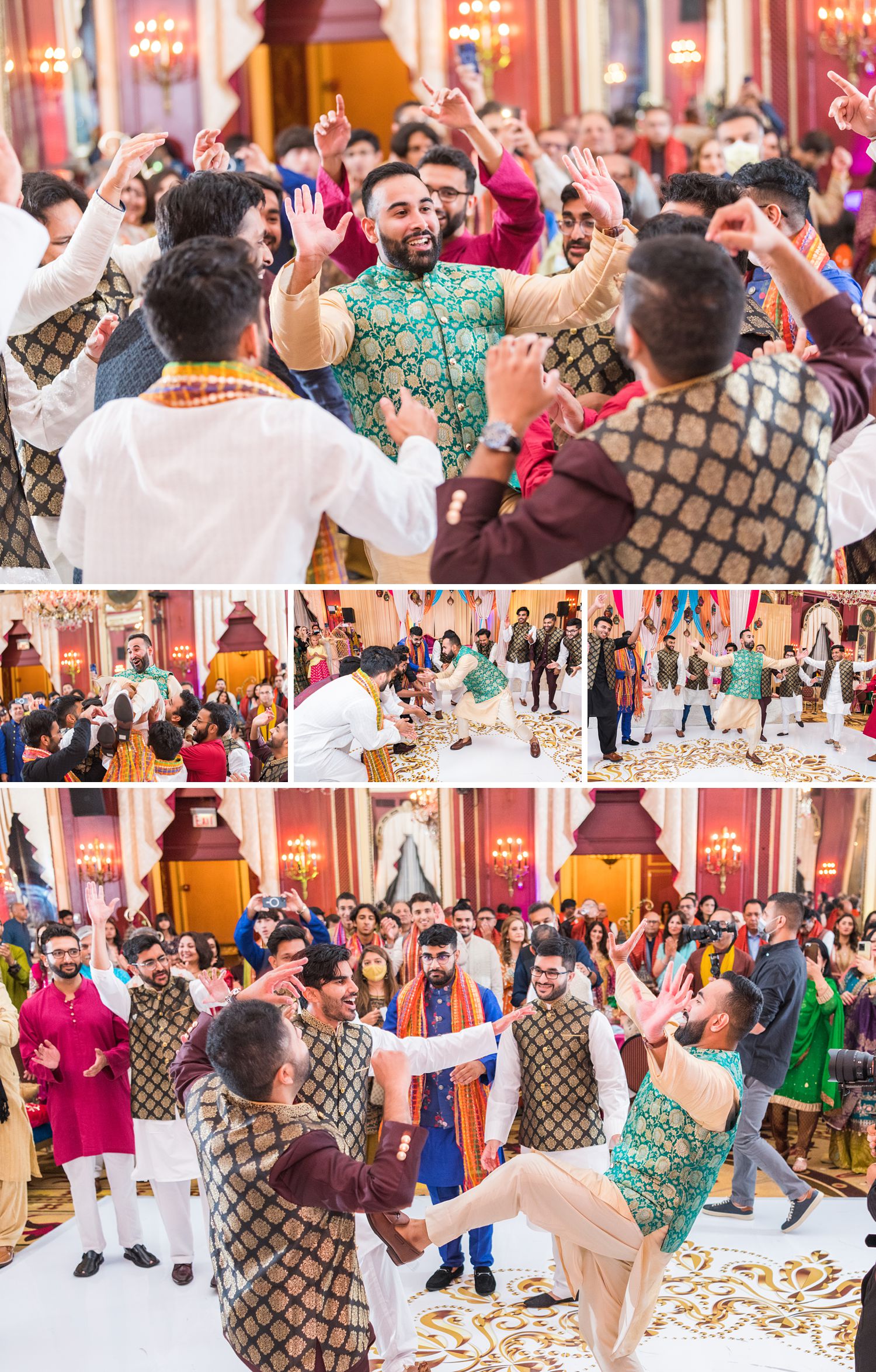 Pakistani Groom dancing at his mehndi party at Palmer House wedding. Photographed by Maha Studios