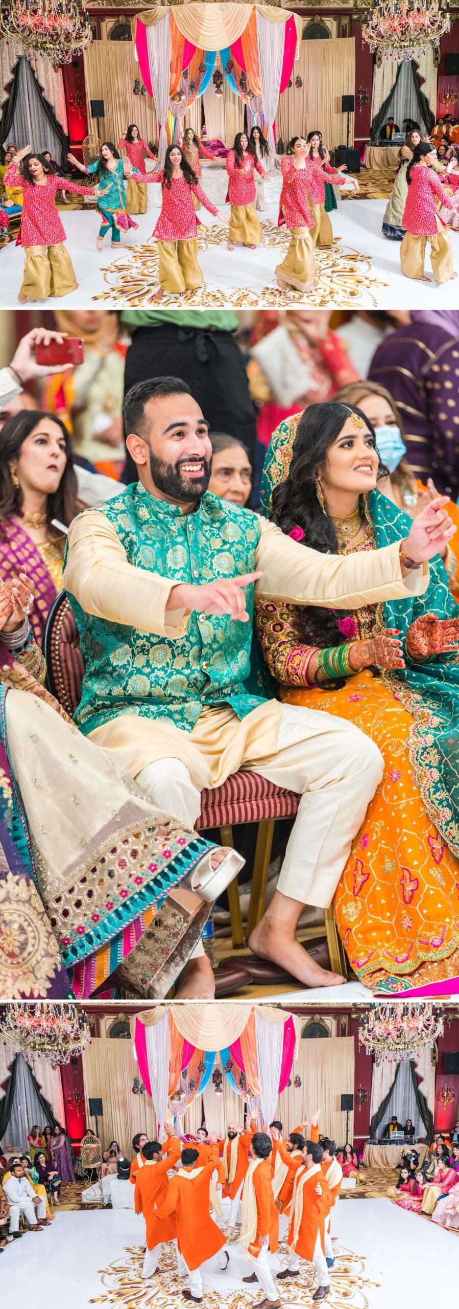 Candid photos of mehndi party dances at Palmer House wedding. Photographed by Maha Studios