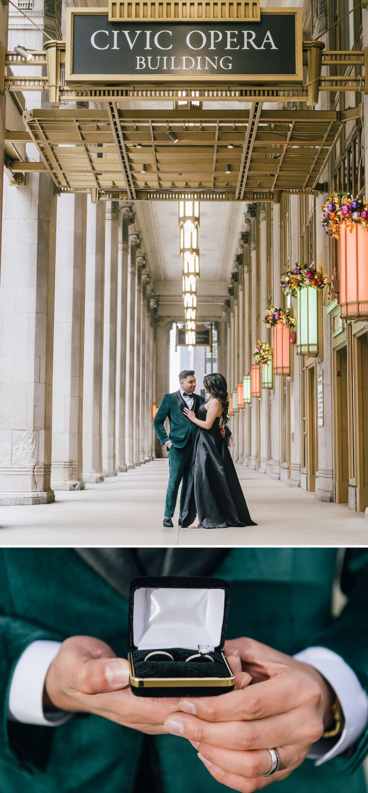 downtown chicago engagement photo at Chicago Lyric Opera House photographed by Maha Studios