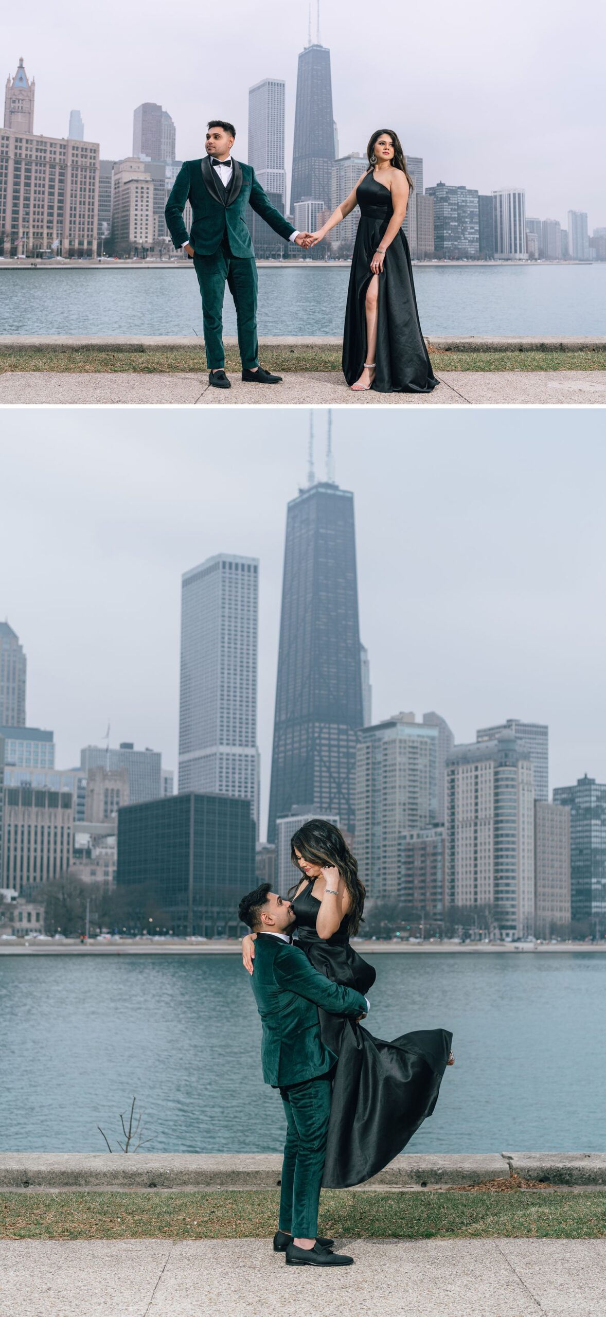 Chicago Skyline winter engagement photos photographed by Maha Studios
