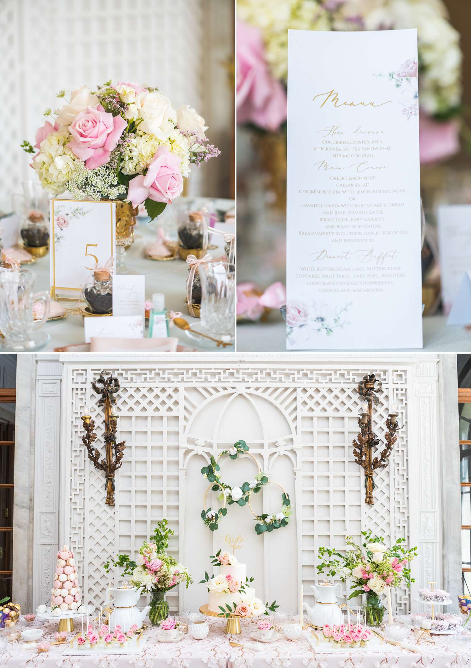 bridgerton bridal shower table decor and flowers at the garden room in Armour House Lake Forest by Maha Studios