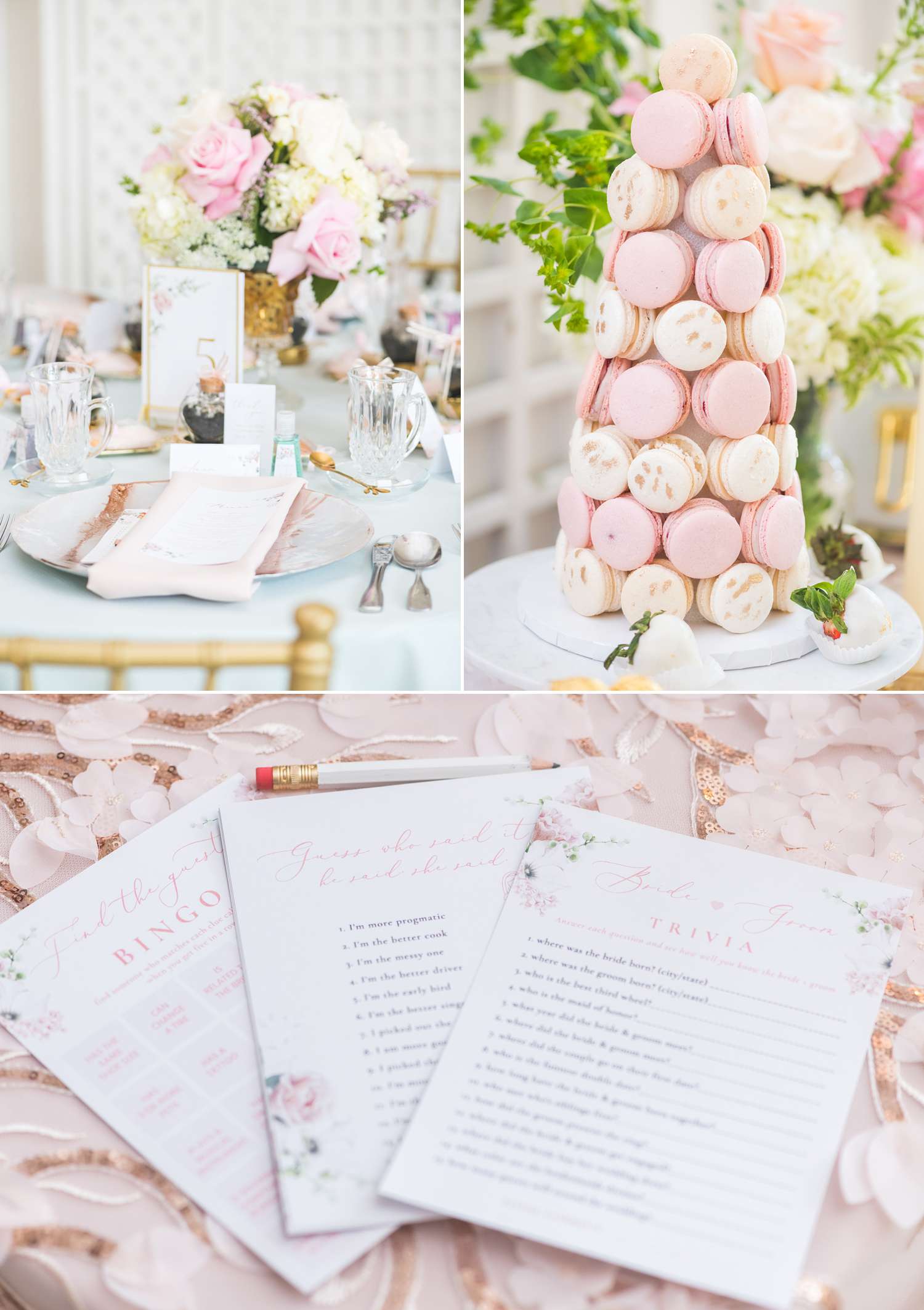 Bridgerton bridal shower party details, decor and macaron tower at Armour house in lake forest, Illinois