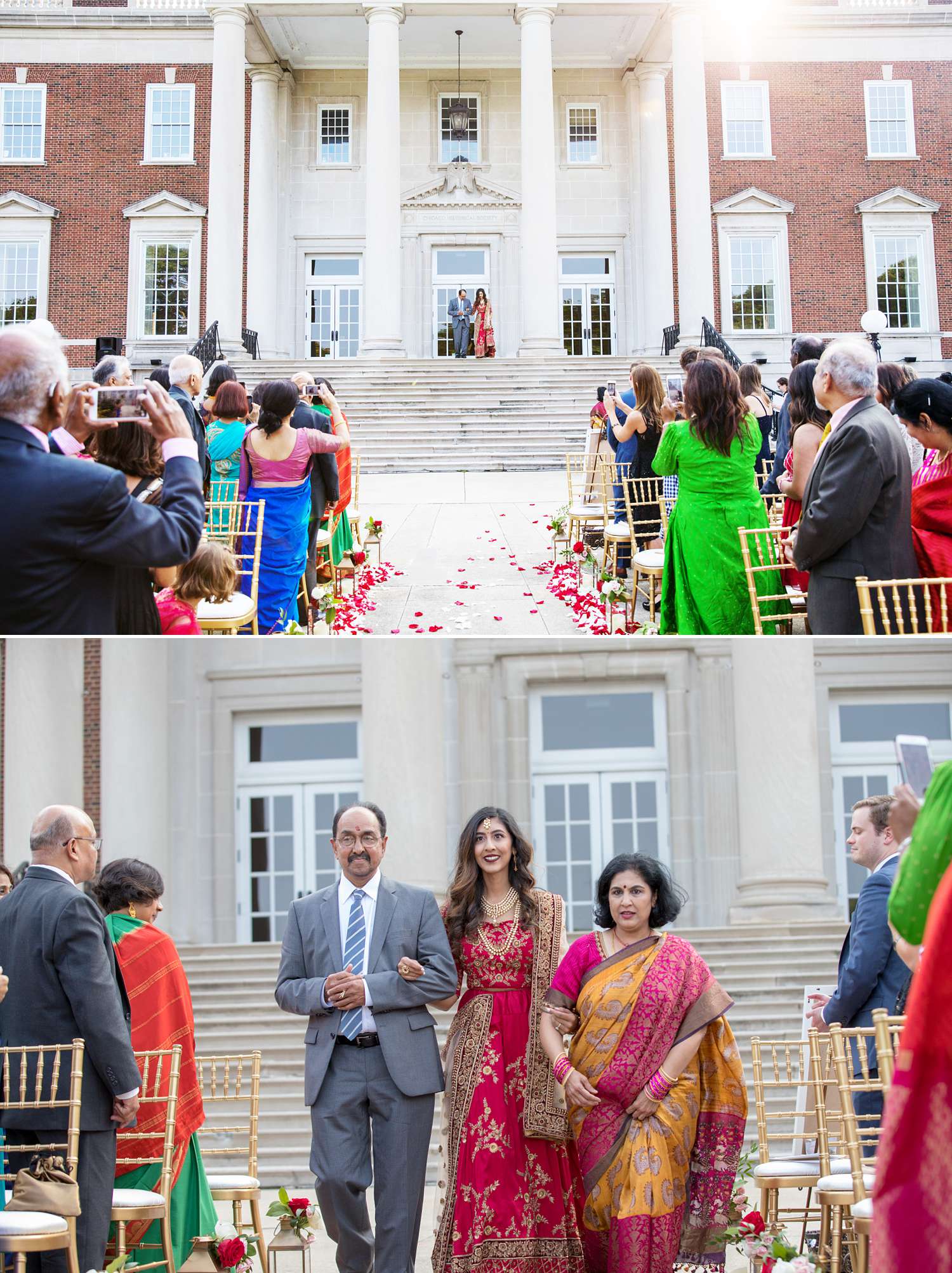 Indian bride walking down steps of the outdoor plaza at Chicago History Museum wedding