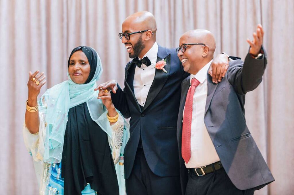 Somali groom and parents at wedding celebration in Chicago Bridgeport Arts Center