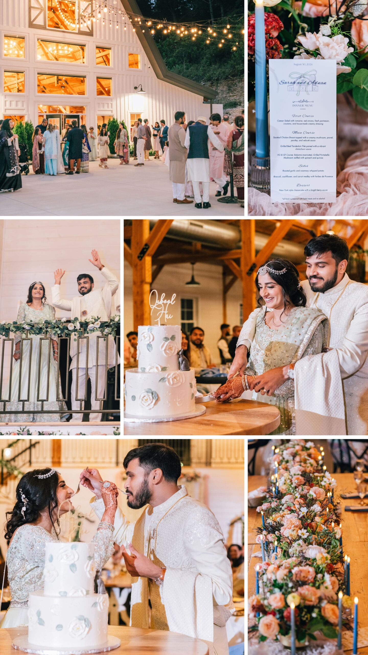 wedding guests and decor at barn reception in Pine Hollow Farms