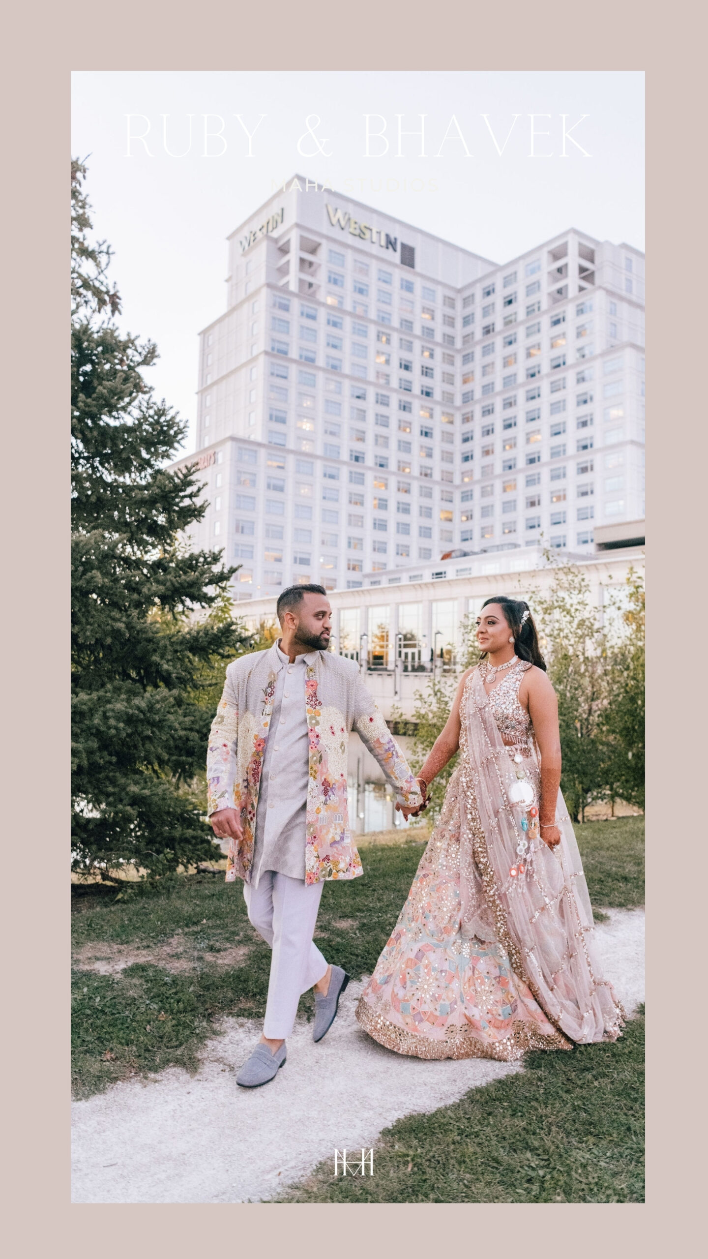 Indian Bride and Groom stroll at Westin Lombard in their sangeet outfits