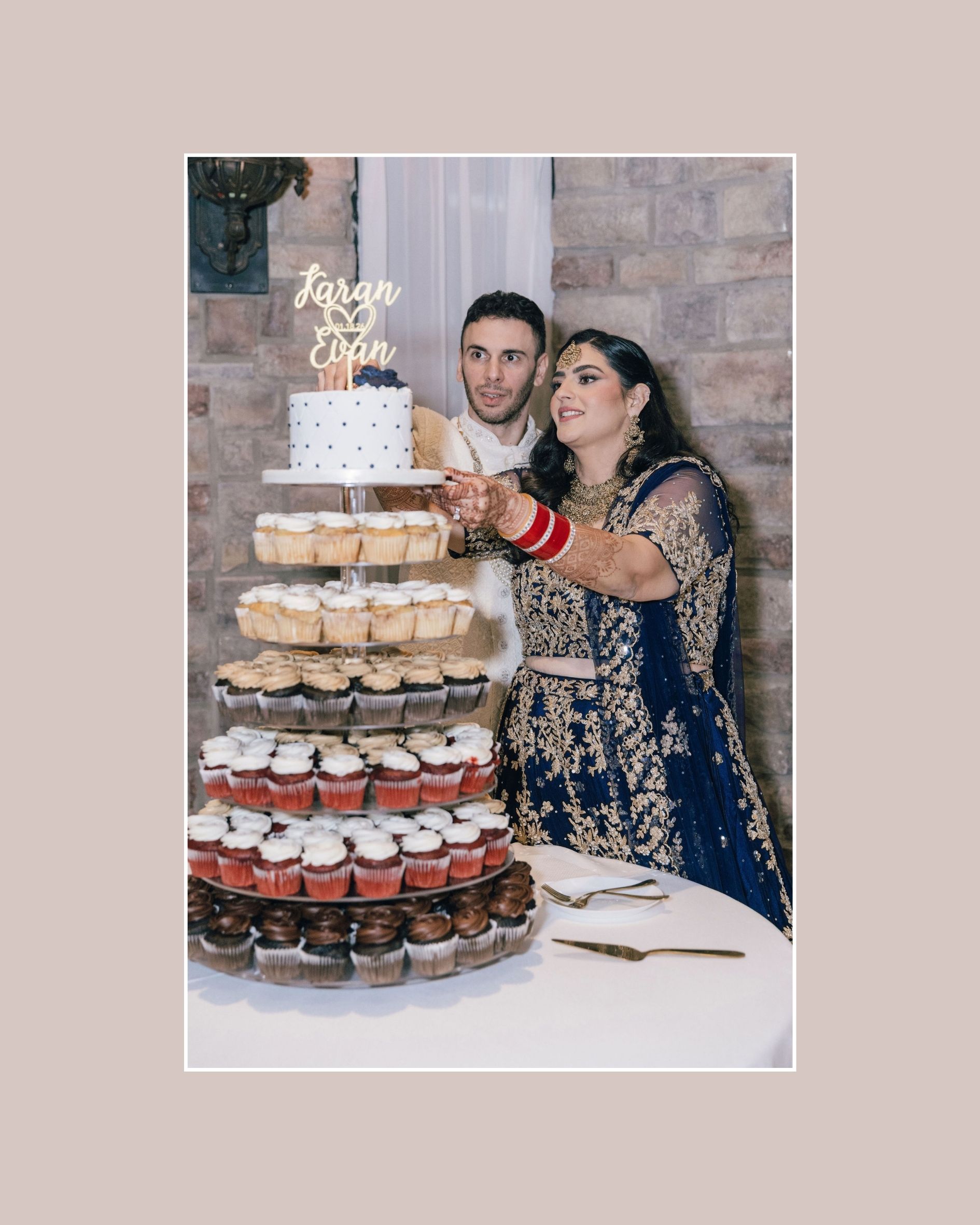 Bride and Groom cut cupcake tower wedding cake at Ashley Castle in Chandler, Arizona
